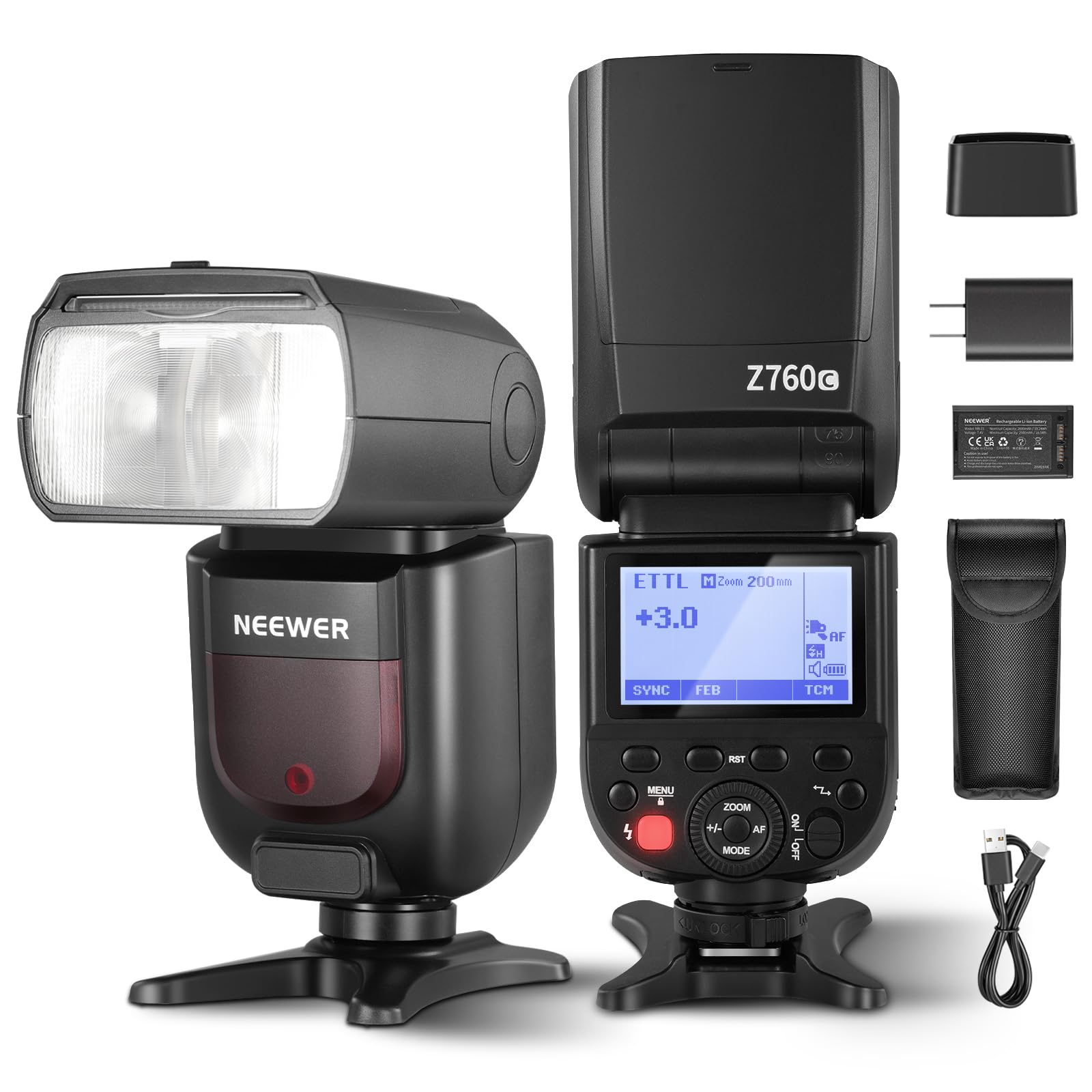 NEEWER Z760-C TTL Flash Speedlite Compatible with Canon DSLR Cameras, 76Ws GN60 2.4G 1/8000s HSS Speedlight, TCM Conversion, 7.4V/2600mAh Lithium Battery Charger Set, 480 Full Power Flashes