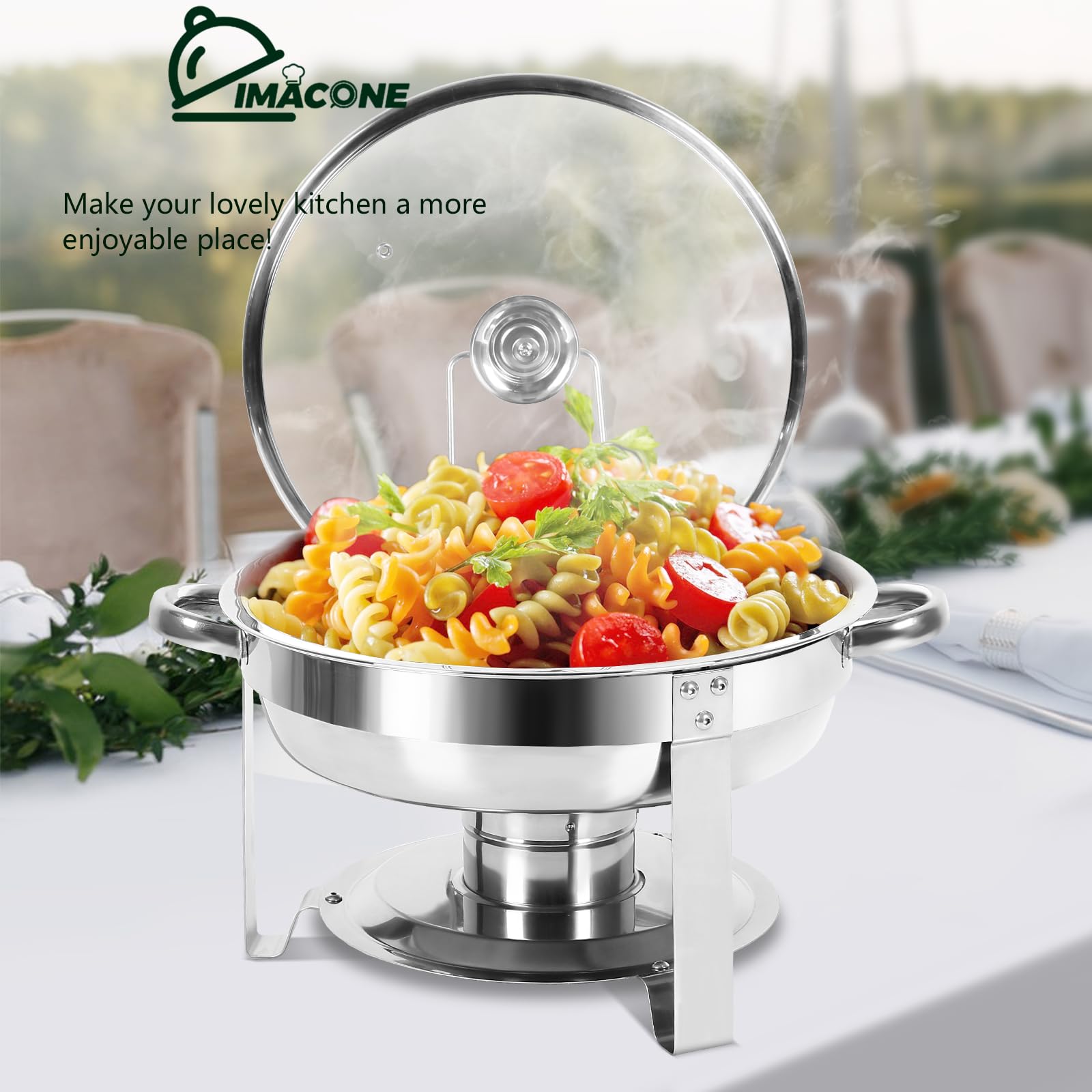 IMACONE Chafing Dish Buffet Set of 4, 5QT Round Stainless Steel Chafer for Catering, Upgraded Chafers and Buffet Warmer Sets with Glass Lid & Holder, Frame, Fuel Holder for Event Party Wedding Holida