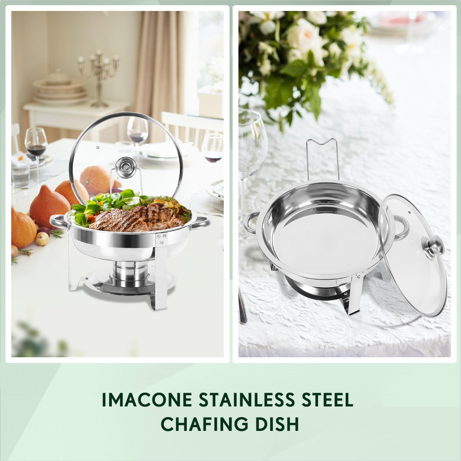 IMACONE Chafing Dish Buffet Set of 4, 5QT Round Stainless Steel Chafer for Catering, Upgraded Chafers and Buffet Warmer Sets with Glass Lid & Holder, Frame, Fuel Holder for Event Party Wedding Holida