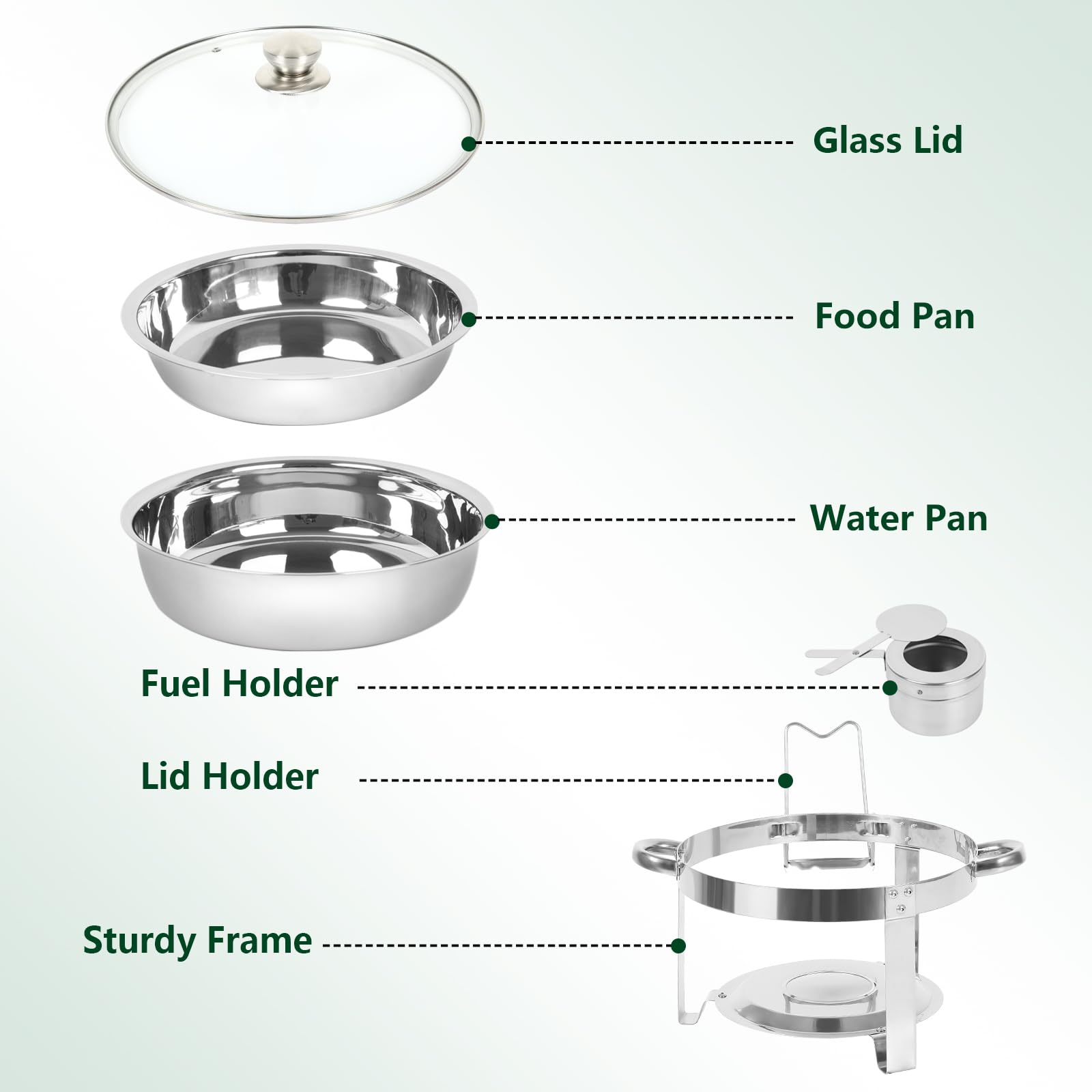 IMACONE Chafing Dish Buffet Set of 4, 5QT Round Stainless Steel Chafer for Catering, Upgraded Chafers and Buffet Warmer Sets with Glass Lid & Holder, Frame, Fuel Holder for Event Party Wedding Holida