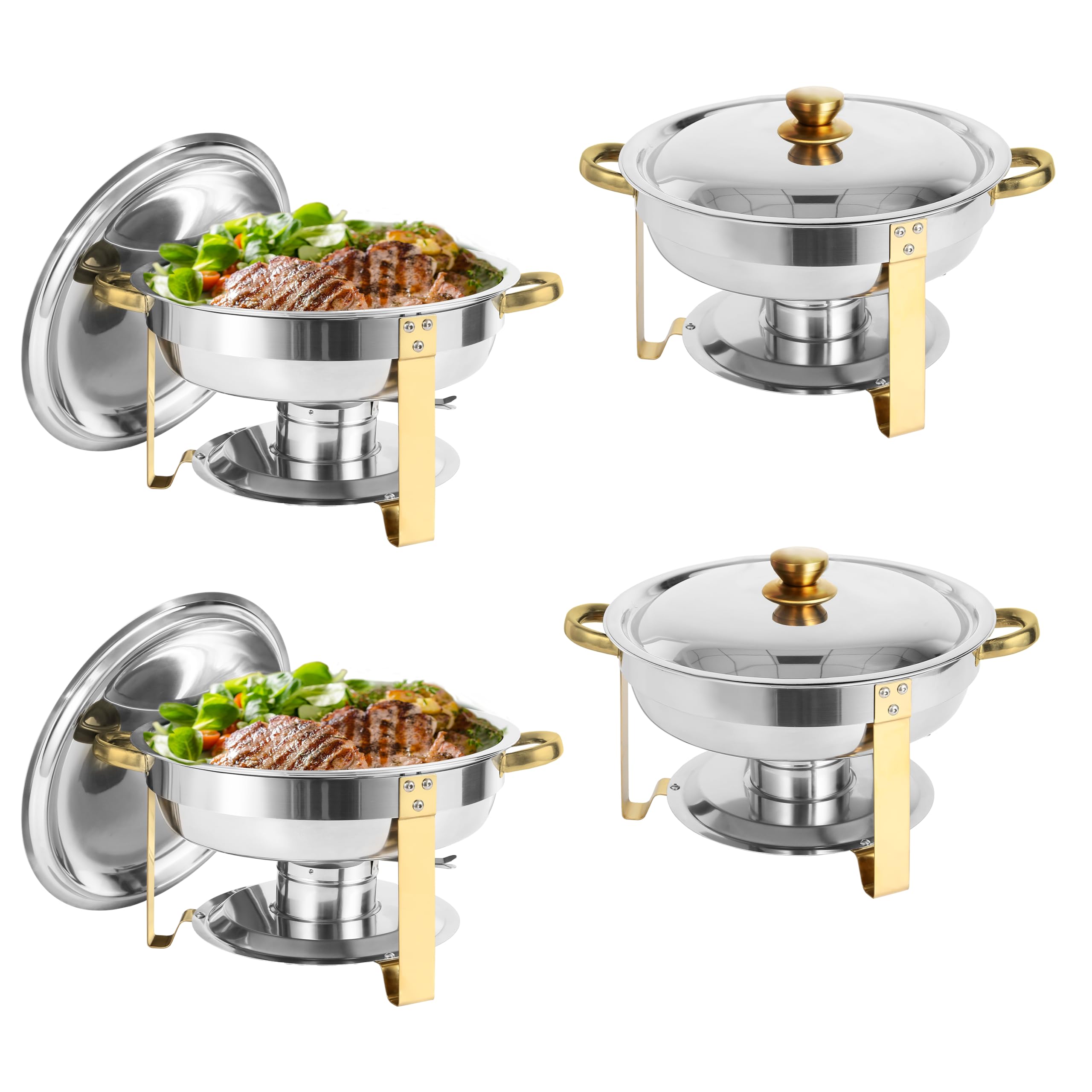 IMACONE Chafing Dish Buffet Set of 4, 5QT Round Stainless Steel Chafer for Catering, Upgraded Chafers and Buffet Warmer Sets w/Food & Water Pan, Lid, Gold Frame, Fuel Holder for Party Wedding Holiday