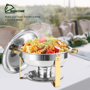 IMACONE Chafing Dish Buffet Set of 4, 5QT Round Stainless Steel Chafer for Catering, Upgraded Chafers and Buffet Warmer Sets w/Food & Water Pan, Lid, Gold Frame, Fuel Holder for Party Wedding Holiday