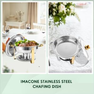 IMACONE Chafing Dish Buffet Set of 4, 5QT Round Stainless Steel Chafer for Catering, Upgraded Chafers and Buffet Warmer Sets w/Food & Water Pan, Lid, Gold Frame, Fuel Holder for Party Wedding Holiday