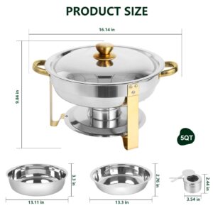 IMACONE Chafing Dish Buffet Set of 4, 5QT Round Stainless Steel Chafer for Catering, Upgraded Chafers and Buffet Warmer Sets w/Food & Water Pan, Lid, Gold Frame, Fuel Holder for Party Wedding Holiday