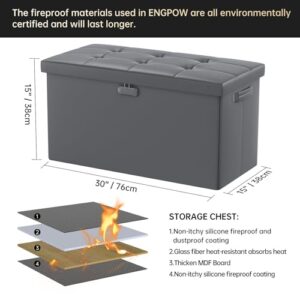 ENGPOW Storage Ottoman Bench,Fireproof Folding Storage Bench with Lock,30 Inches Fire＆Water Resistant Storage Chest Foot Rest Stool Leather Bedroom Bench with Storage Safe for Document,Valuables,Grey