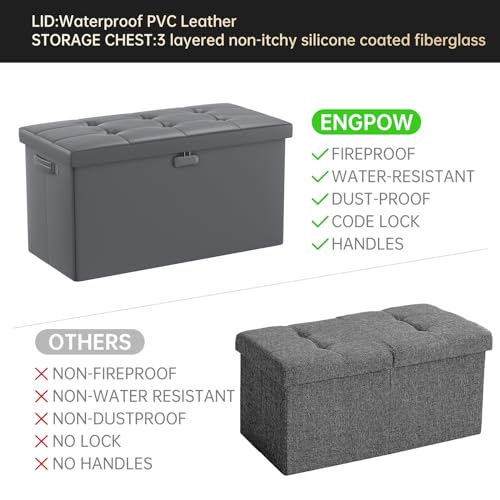 ENGPOW Storage Ottoman Bench,Fireproof Folding Storage Bench with Lock,30 Inches Fire＆Water Resistant Storage Chest Foot Rest Stool Leather Bedroom Bench with Storage Safe for Document,Valuables,Grey