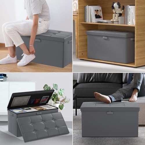 ENGPOW Storage Ottoman Bench,Fireproof Folding Storage Bench with Lock,30 Inches Fire＆Water Resistant Storage Chest Foot Rest Stool Leather Bedroom Bench with Storage Safe for Document,Valuables,Grey