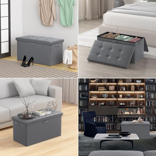 ENGPOW Storage Ottoman Bench,Fireproof Folding Storage Bench with Lock,30 Inches Fire＆Water Resistant Storage Chest Foot Rest Stool Leather Bedroom Bench with Storage Safe for Document,Valuables,Grey