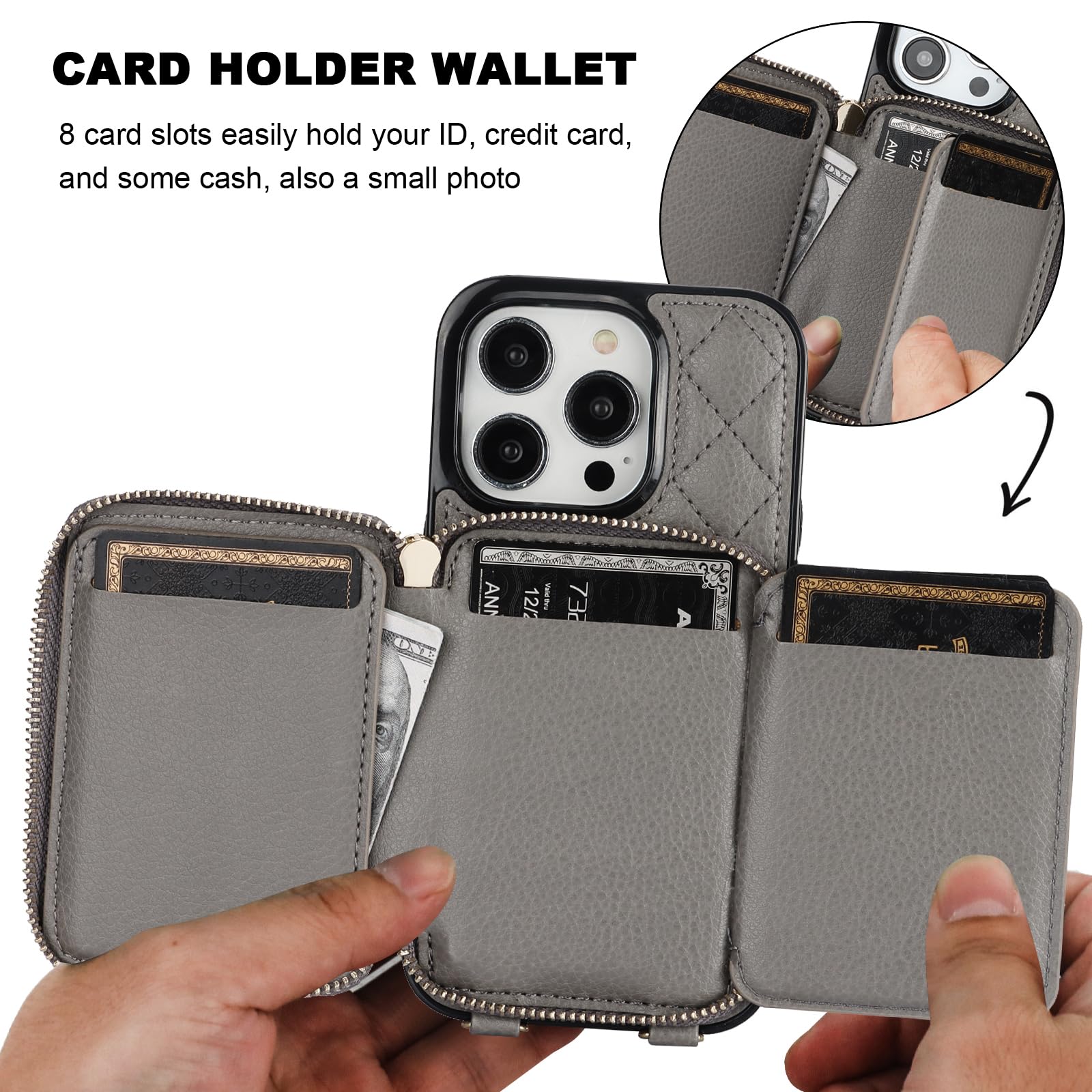 Bocasal Crossbody Wallet Case for iPhone 14 Pro, RFID Blocking PU Leather Zipper Handbag Purse Flip Cover, Kickstand Folio Case with Card Slots Holder Wrist Strap Lanyard 5G 6.1 Inch (Grey)