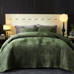 Powdion Velvet Quilt Queen Size, Oversized Bedspread Quilted Bedding Set, Luxurious Soft Coverlet Set Lightweight Velvet Comforter for All Season with Pillow Shams Army Green, Striped, Full/Queen