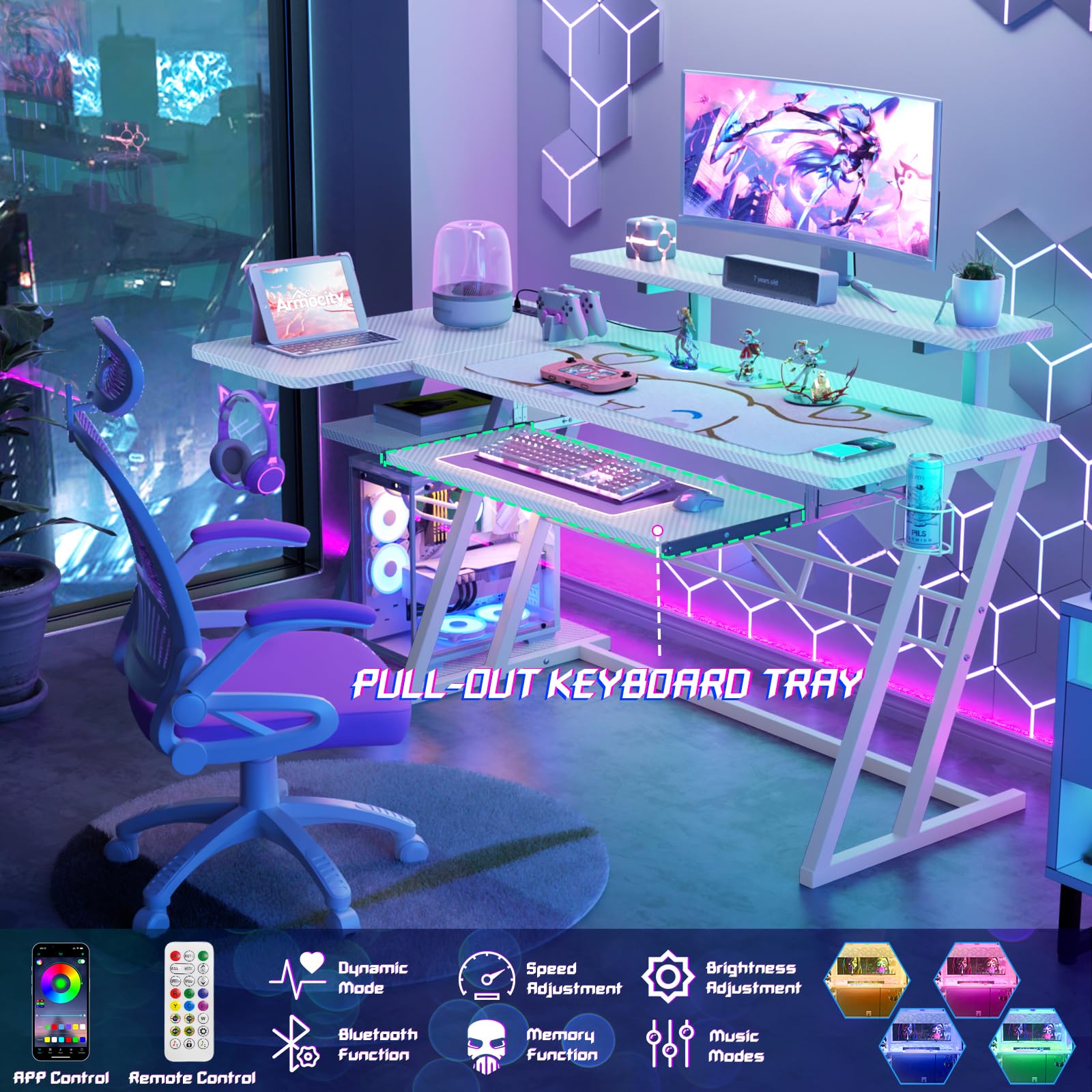 armocity L Shaped Gaming Desk with LED Lights and Outlets, White PC Gaming Desk with Monitor Stand and Shelves, Reversible Gaming Computer Desk with Keyboard Tray & Z-Shape Legs, 47"