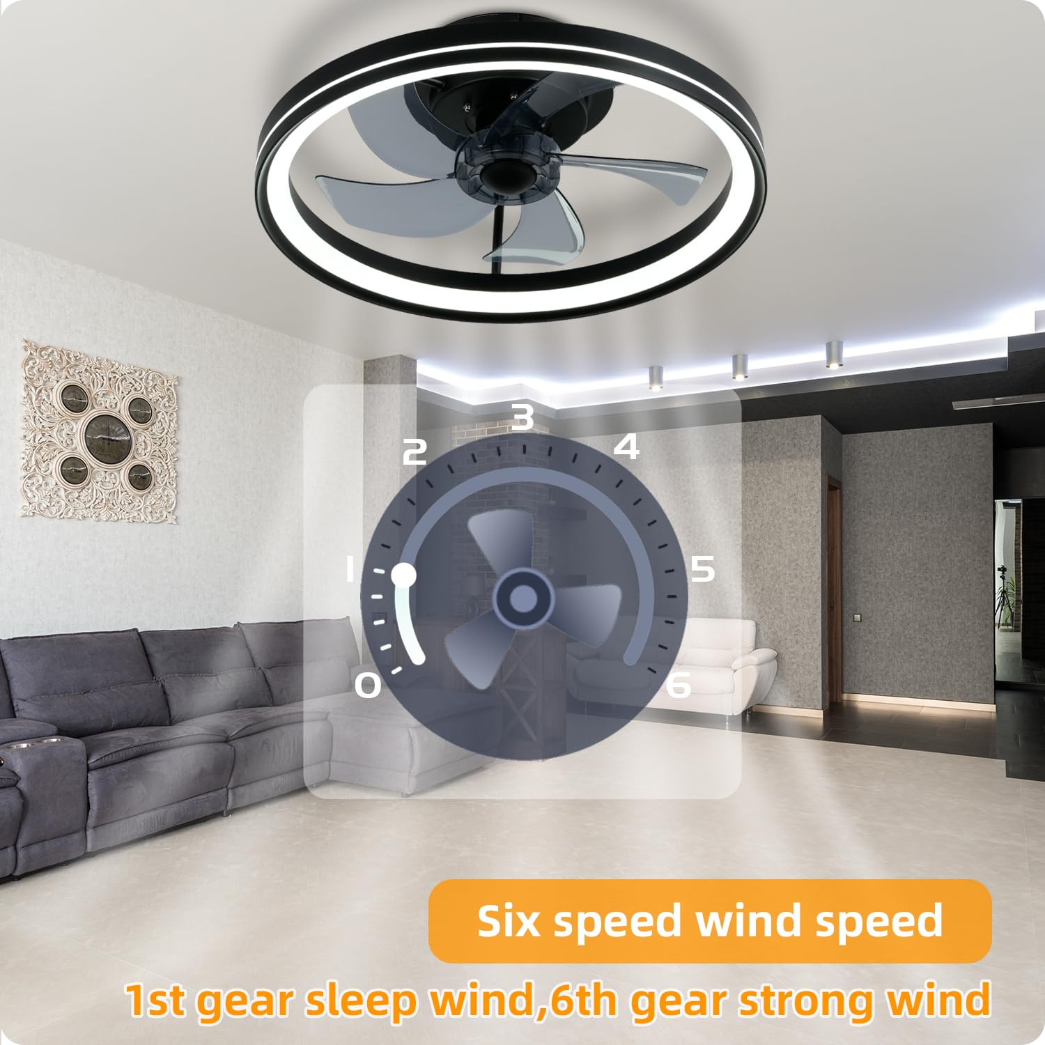 YeetFerret Smart Ceiling Fans with Light Compatible with Alexa and Google Assistant,Bladeless Ceiling Fan with Light Flush Mount 3 Color LED 6 Speeds Low Profile Ceiling Fan