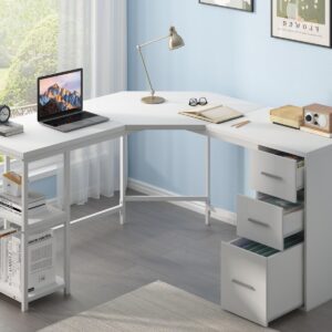 LVB White L Shaped Corner Desk with Drawers, Reversible Modern L-Shaped Computer Desk with Storage Cabinet Shelves, Large Wood L Shape Home Office Desk Table for Work Study Writing Gaming, 60 Inch