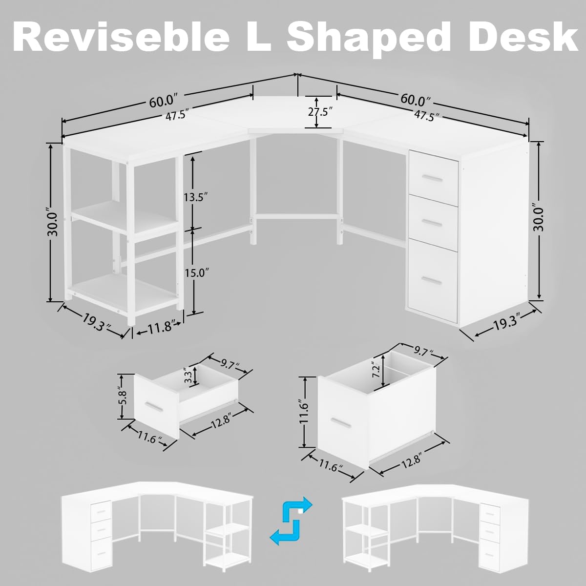 LVB White L Shaped Corner Desk with Drawers, Reversible Modern L-Shaped Computer Desk with Storage Cabinet Shelves, Large Wood L Shape Home Office Desk Table for Work Study Writing Gaming, 60 Inch