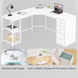 LVB White L Shaped Corner Desk with Drawers, Reversible Modern L-Shaped Computer Desk with Storage Cabinet Shelves, Large Wood L Shape Home Office Desk Table for Work Study Writing Gaming, 60 Inch