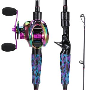 Sougayilang Fishing Rod and Reel Combo, Medium Fishing Pole with Baitcasting Reel Combo, 2-Piece Baitcaster Combo-Purple-5'10'' with left handed reel