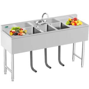 YITAHOME Kitchen Sink 3 Compartment Stainless Steel Sink with Double Drainboard NSF Commercial, Prep & Utility Freestanding Sink for Restaurant, Garage, Utility Sink for Outdoor 60" W x 16" D x 32" H