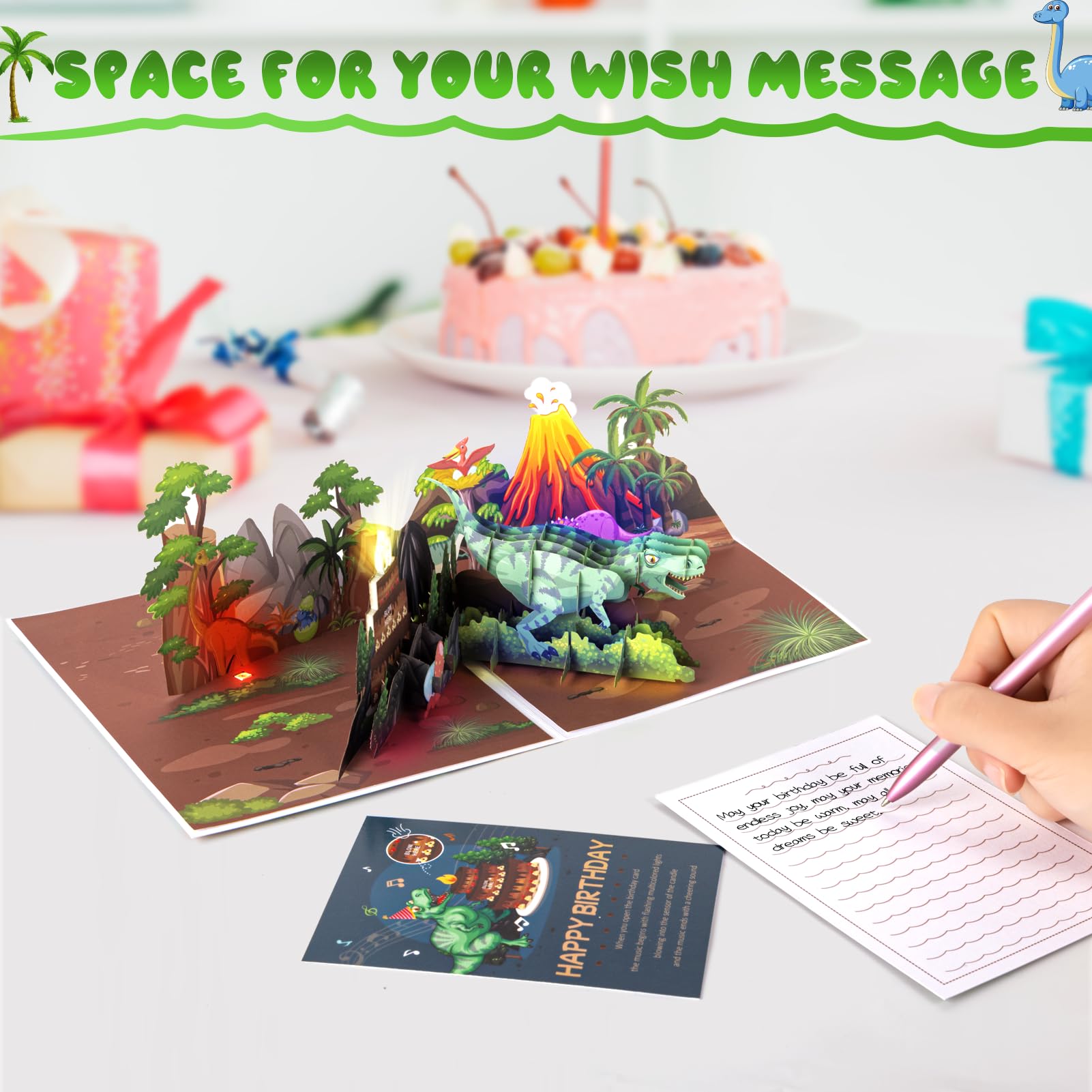 Dinosaur Musical Birthday Cards for Kids Boys Girls - 3D Pop Up Birthday Greeting Cards with Colorful LED Light & Blowout Candle & Birthday Music - Dinosaur Theme Birthday Party Gifts