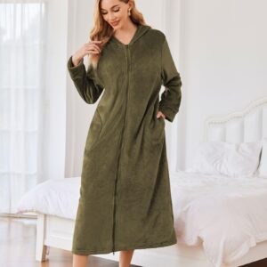 Ekouaer Womens Long Zipper Robes Casual Luxury Fleece Robes Winter Soft Comfy Sleep Robe Army Green L