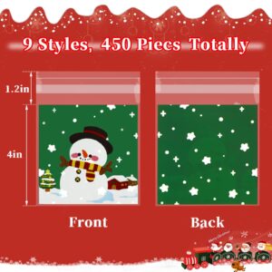 FEBSNOW 450 PCS Christmas Self-adhesive Candy Cellophane Bags Treat Cookie Bags for Christmas Holiday Party Favor Gift Decoration Supplies (9 Patterns)