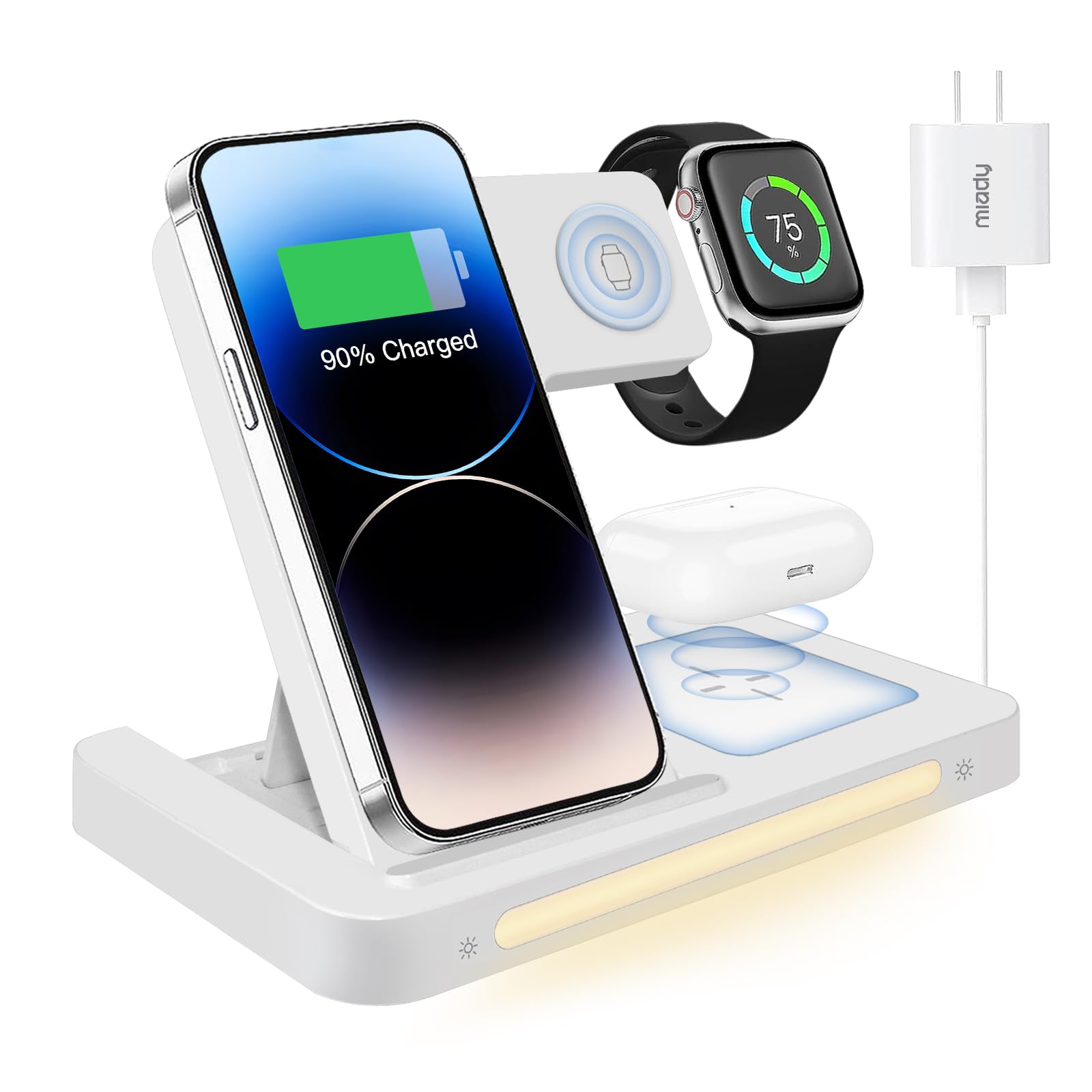 Miady Wireless Charging Station, Foldable 3 in 1 Wireless Charger for iPhone 15/14/13/12, iWatch Series 8/7/6/5/SE/4/3/2 & AirPods Pro/3/2 (Adapter Included)- White