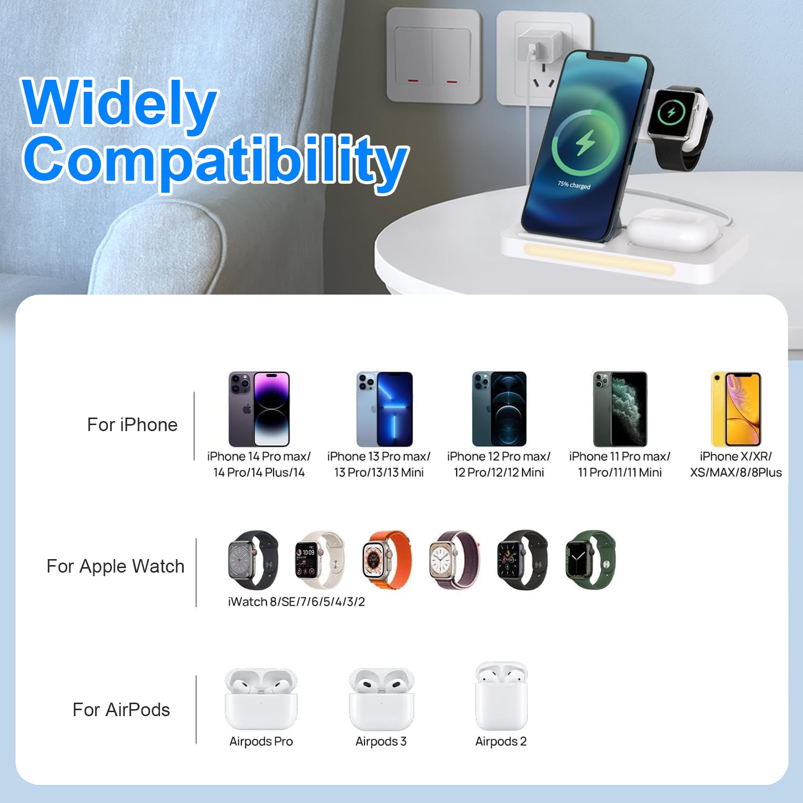 Miady Wireless Charging Station, Foldable 3 in 1 Wireless Charger for iPhone 15/14/13/12, iWatch Series 8/7/6/5/SE/4/3/2 & AirPods Pro/3/2 (Adapter Included)- White