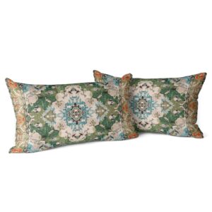 snycler boho throw pillow covers 12x20 inch set of 2 monaco rug persian carpet double sided pattern cotton soft pillow case cushion cover pillowcase for couch sofa bed decorative (green)