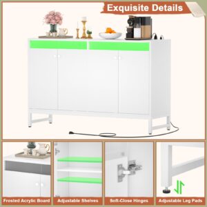 Aheaplus Sideboard Buffet Cabinet with Power Outlet, Kitchen Storage Cabinet with LED Light & Doors, Accent Cabinet Cupboard Buffet Table with Storage for Dining Room, Living Room, Hallway, White