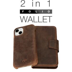 BLACKBROOK Premium Full-Grain Leather Wallet Case for iPhone 15 (6.1"), Burkley Magnetic Detachable 2-in-1 Set, 4 Credit Card Slots, Cash & ID Pocket, with RFID (Distressed Coffee, iPhone 15)