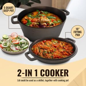 Smooth and Polished Cast Iron Dutch Oven by StarBlue – 5 qt Cast Iron with 10 Inches Diameter, 2 in 1 Multipurpose Skillet and Pot for Non-Stick Cooking