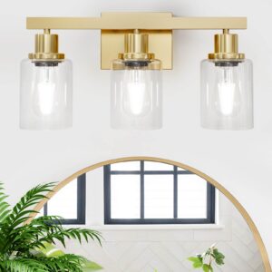 DIKAIDA 3 Light Gold Bathroom Light Fixtures, Bathroom Vanity Light Over Mirror, Gold Wall Sconce Vanity Lighting with Clear Glass Shade,Modern Farmhouse Bath Wall Lamp for Mirror Kitchen