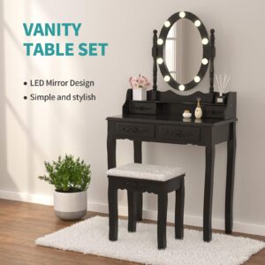 Alohappy Vanity Desk Set with Lighted Mirror, Black Makeup Dressing Table Desk with Mirror & Lights, Padded Stool, 4 Drawers Storage & Easy Assembly for Bedroom, Bathroom