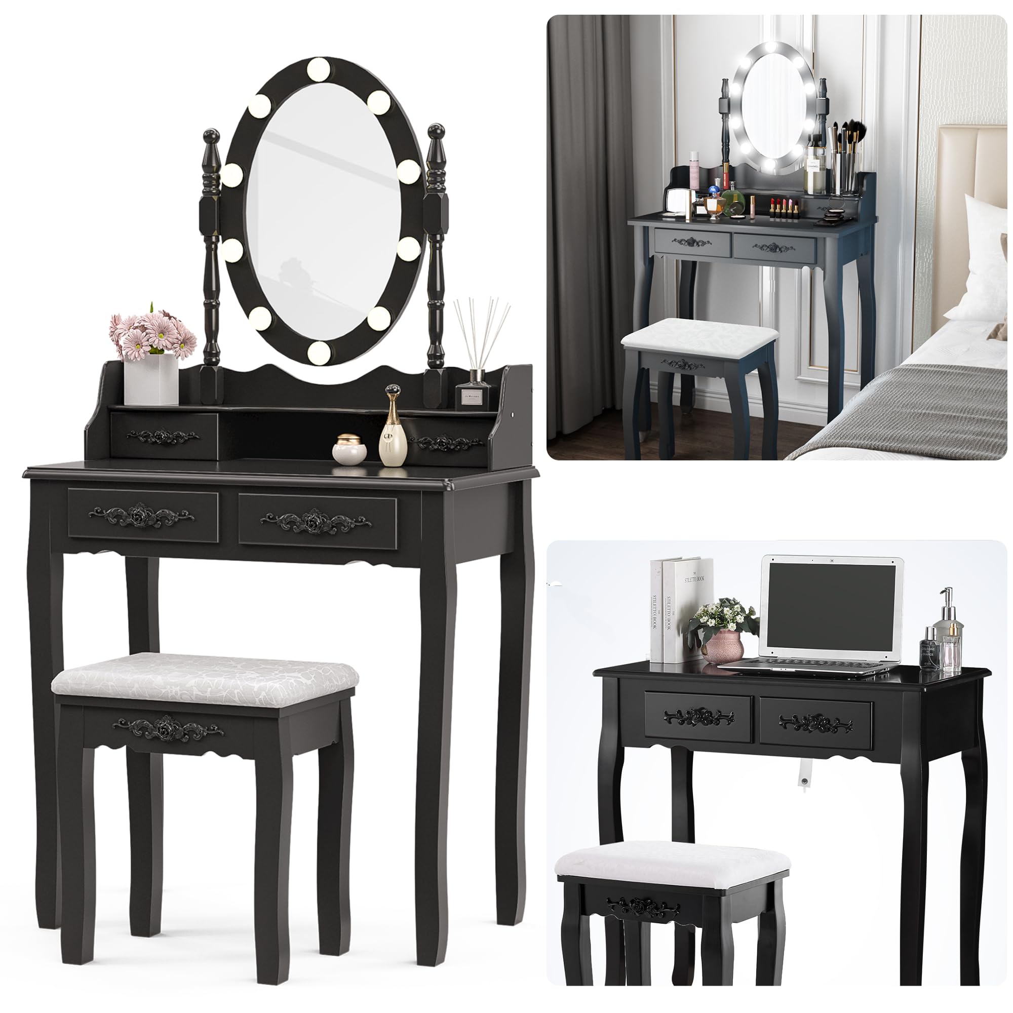 Alohappy Vanity Desk Set with Lighted Mirror, Black Makeup Dressing Table Desk with Mirror & Lights, Padded Stool, 4 Drawers Storage & Easy Assembly for Bedroom, Bathroom