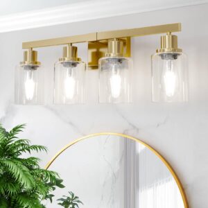 dikaida bathroom vanity light, 4-light modern matte gold wall sconce lighting with clear glass shade, black wall lights,bath vintage wall mounted lamps for mirror bedroom living room