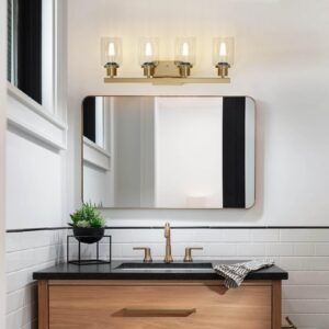 DIKAIDA Bathroom Vanity Light, 4-Light Modern Matte Gold Wall Sconce Lighting with Clear Glass Shade, Black Wall Lights,Bath Vintage Wall Mounted Lamps for Mirror Bedroom Living Room