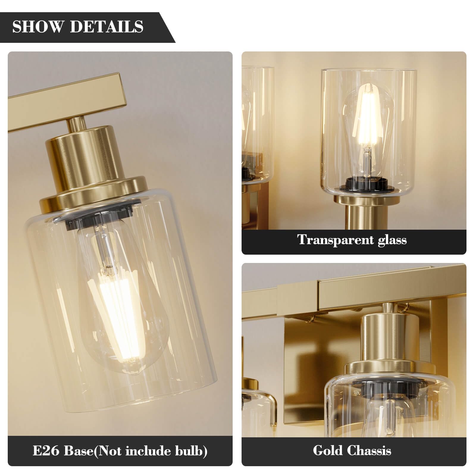 DIKAIDA Bathroom Vanity Light, 4-Light Modern Matte Gold Wall Sconce Lighting with Clear Glass Shade, Black Wall Lights,Bath Vintage Wall Mounted Lamps for Mirror Bedroom Living Room