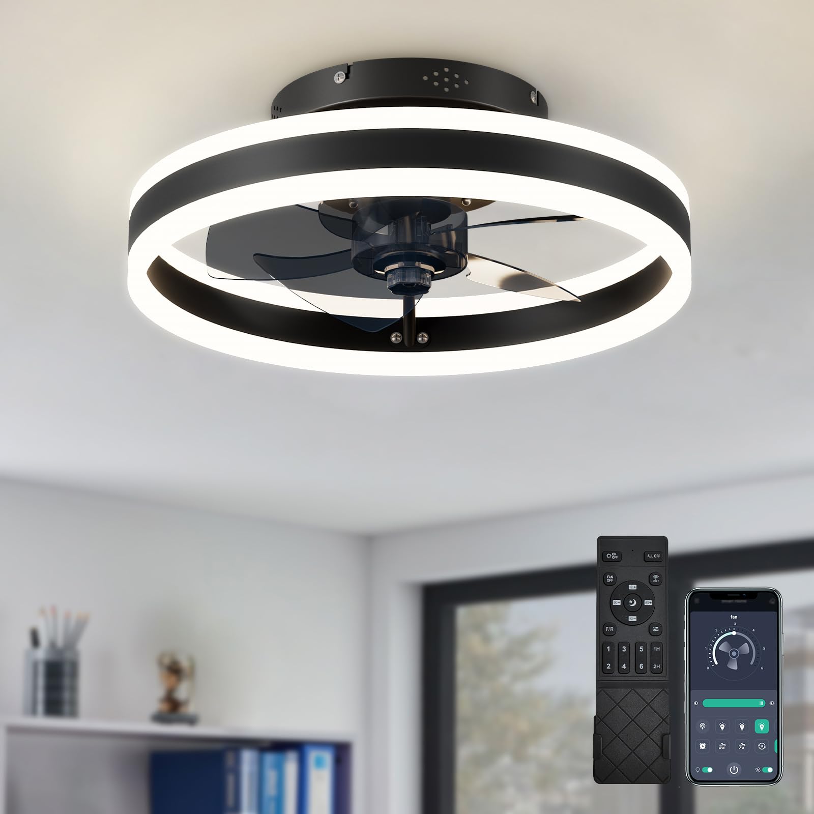 GOSONKT Low Profile 15.7" LED Small Ceiling Fan with Light - Modern, Semi-Enclosed Flush Mount, Smart APP & Remote Control, 6-Speeds, Black - Perfect for Bedroom and Living Room