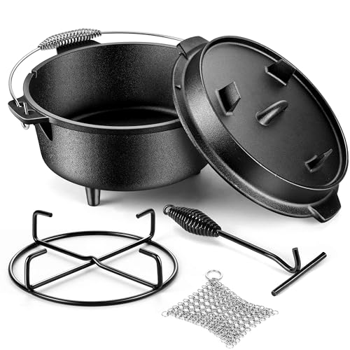 5qt Cast Iron Dutch Oven Set of 4, Joyfair Pre-seasoned Camp Dutch Oven Pot & Griddle Skillet With Accessories Kit (Lid Lifter/Iron Stand/Cleaner), For Roasting Stewing Casserole Sourdough Bread