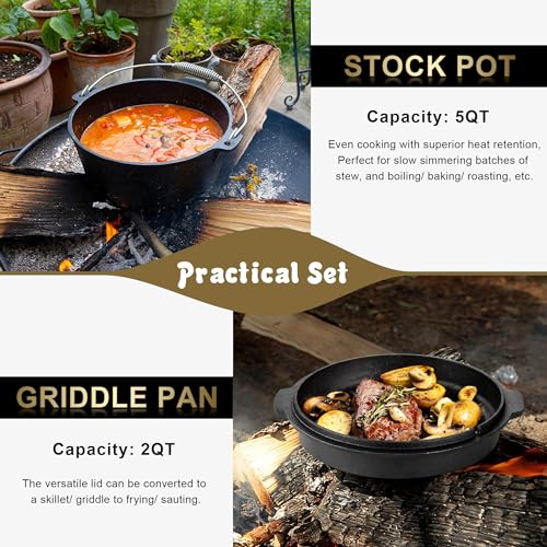 5qt Cast Iron Dutch Oven Set of 4, Joyfair Pre-seasoned Camp Dutch Oven Pot & Griddle Skillet With Accessories Kit (Lid Lifter/Iron Stand/Cleaner), For Roasting Stewing Casserole Sourdough Bread