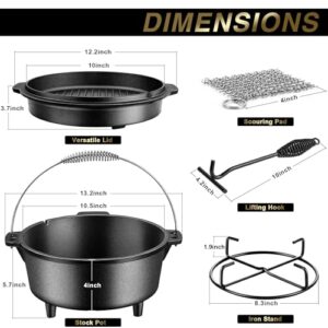 5qt Cast Iron Dutch Oven Set of 4, Joyfair Pre-seasoned Camp Dutch Oven Pot & Griddle Skillet With Accessories Kit (Lid Lifter/Iron Stand/Cleaner), For Roasting Stewing Casserole Sourdough Bread