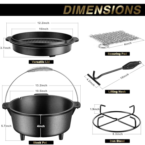 5qt Cast Iron Dutch Oven Set of 4, Joyfair Pre-seasoned Camp Dutch Oven Pot & Griddle Skillet With Accessories Kit (Lid Lifter/Iron Stand/Cleaner), For Roasting Stewing Casserole Sourdough Bread