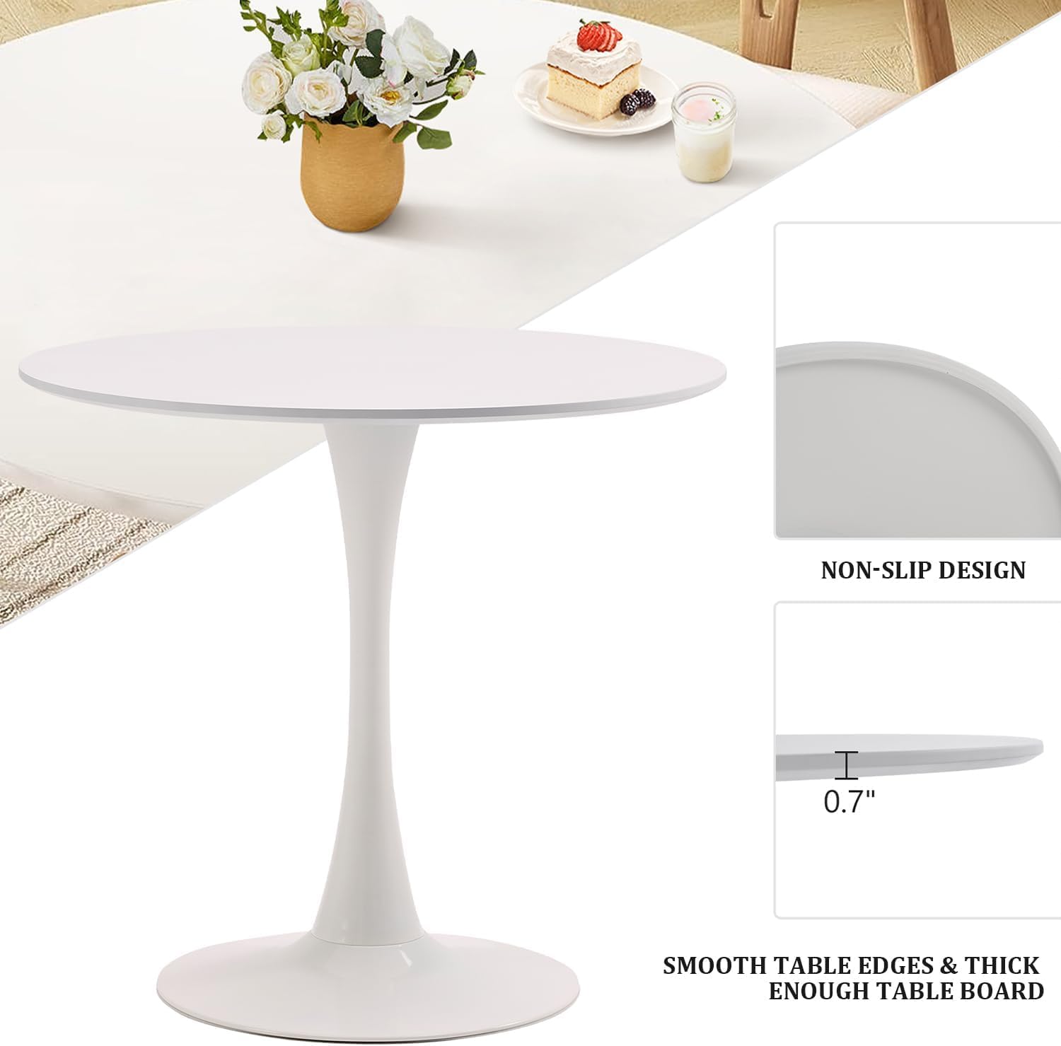 TUOMUR White Round Dining Table, 31.5" Tulip Table, Mid-Century Leisure Table