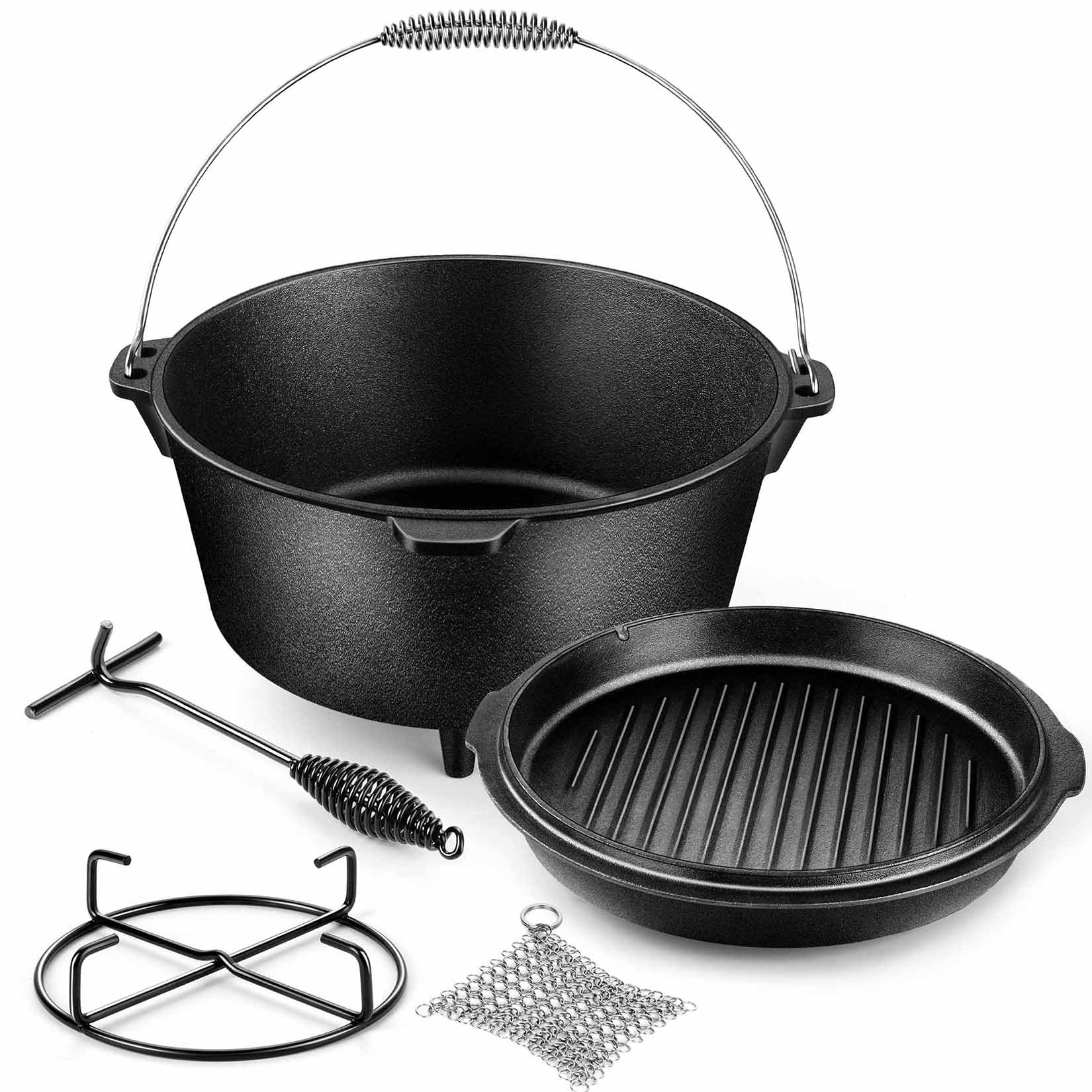 Joyfair 7qt Camp Dutch Oven Set of 4, Pre-seasoned Cast Iron Pot & Griddle Skillet, Campfire Accessories For Stewing Casserole/baking Sourdough Bread, Including Lid Lifter/Iron Stand/Cleaner