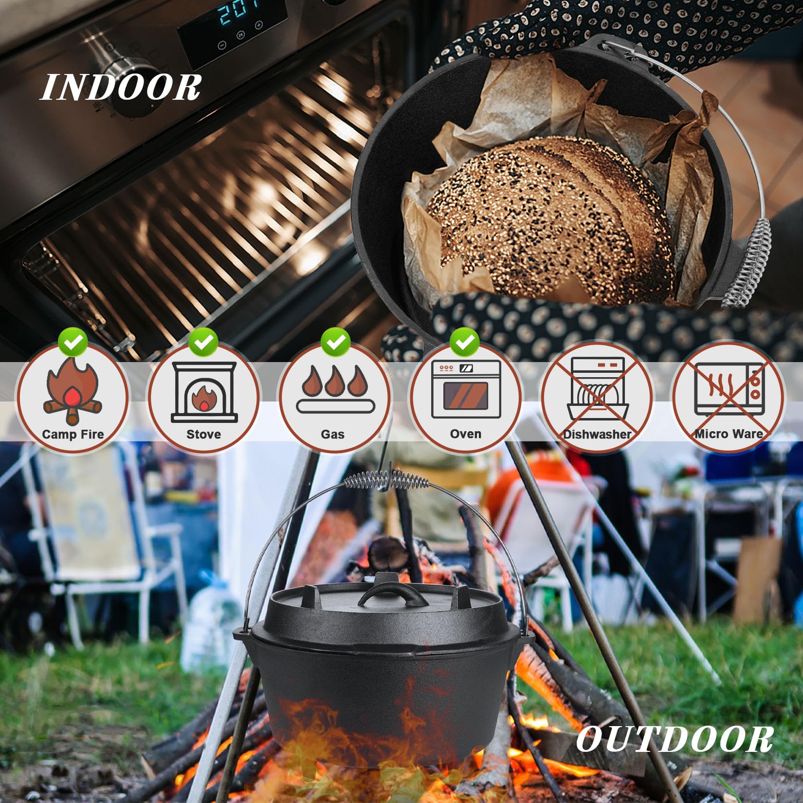 Joyfair 7qt Camp Dutch Oven Set of 4, Pre-seasoned Cast Iron Pot & Griddle Skillet, Campfire Accessories For Stewing Casserole/baking Sourdough Bread, Including Lid Lifter/Iron Stand/Cleaner