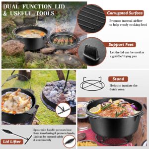 Joyfair 7qt Camp Dutch Oven Set of 4, Pre-seasoned Cast Iron Pot & Griddle Skillet, Campfire Accessories For Stewing Casserole/baking Sourdough Bread, Including Lid Lifter/Iron Stand/Cleaner