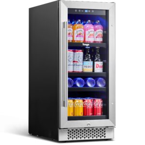 yeego 15inch beverage refrigerator and beer fridge under counter built-in or freestanding,80 cans beverage cooler with glass door and lock for bottles and cans beer/soda/water, yeg-bs15