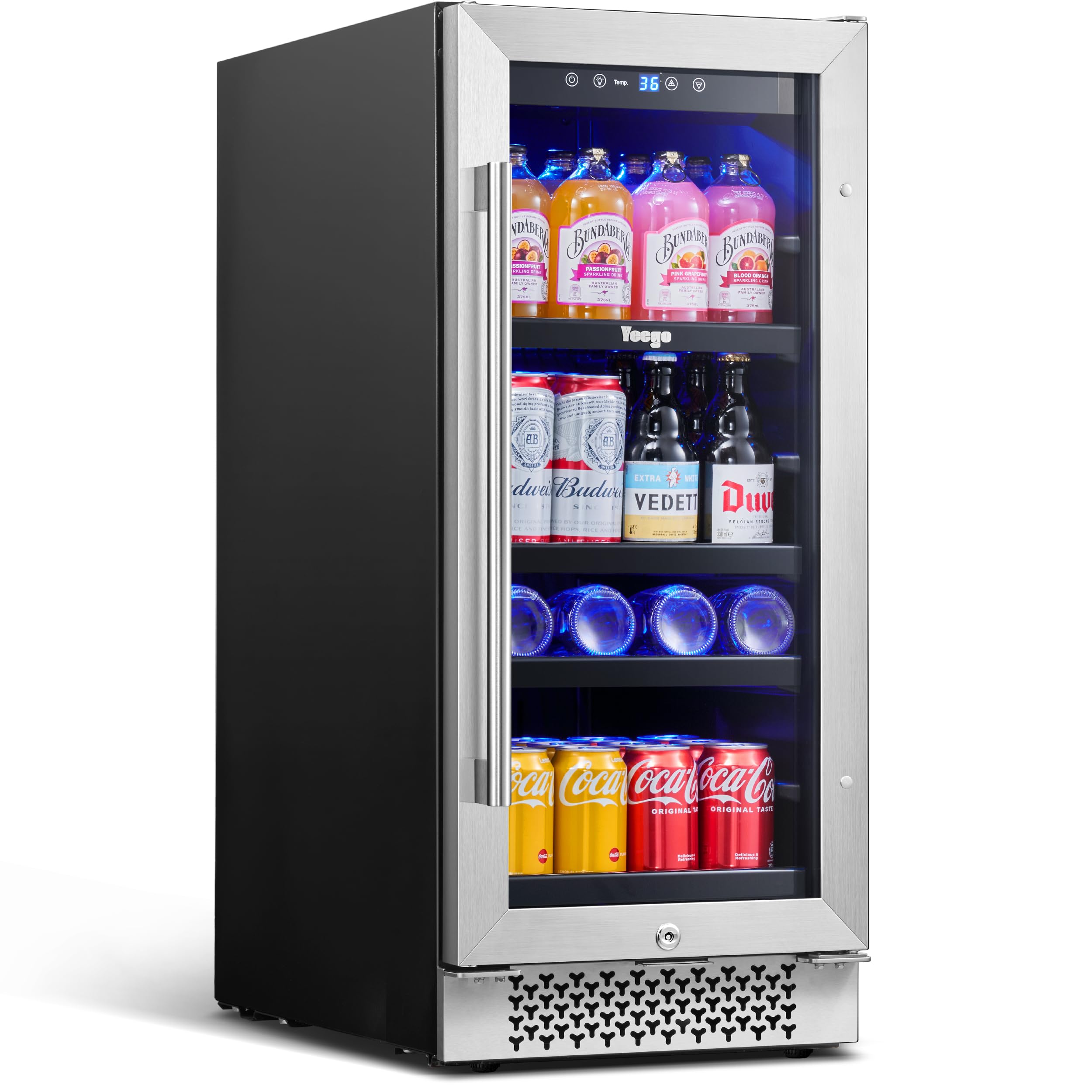 Yeego 15inch Beverage Refrigerator and Beer Fridge Under Counter Built-in or Freestanding,80 Cans Beverage Cooler with Glass Door and Lock for Bottles and Cans Beer/Soda/Water, YEG-BS15