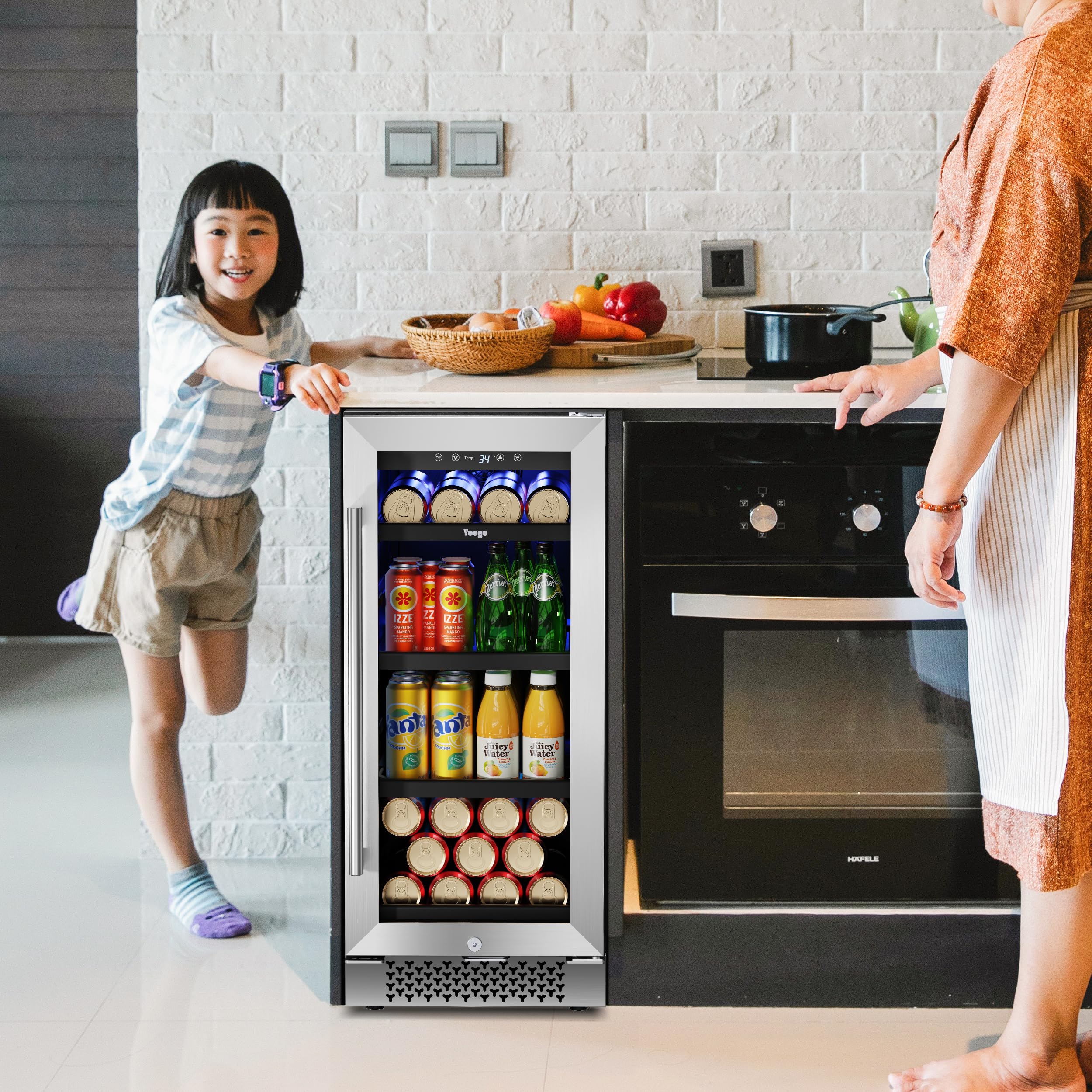 Yeego 15inch Beverage Refrigerator and Beer Fridge Under Counter Built-in or Freestanding,80 Cans Beverage Cooler with Glass Door and Lock for Bottles and Cans Beer/Soda/Water, YEG-BS15