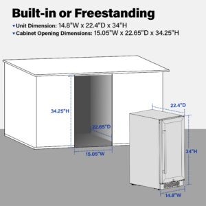 Yeego 15inch Beverage Refrigerator and Beer Fridge Under Counter Built-in or Freestanding,80 Cans Beverage Cooler with Glass Door and Lock for Bottles and Cans Beer/Soda/Water, YEG-BS15