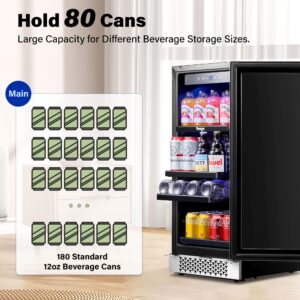 Yeego 15inch Beverage Refrigerator and Beer Fridge Under Counter Built-in or Freestanding,80 Cans Beverage Cooler with Glass Door and Lock for Bottles and Cans Beer/Soda/Water, YEG-BS15